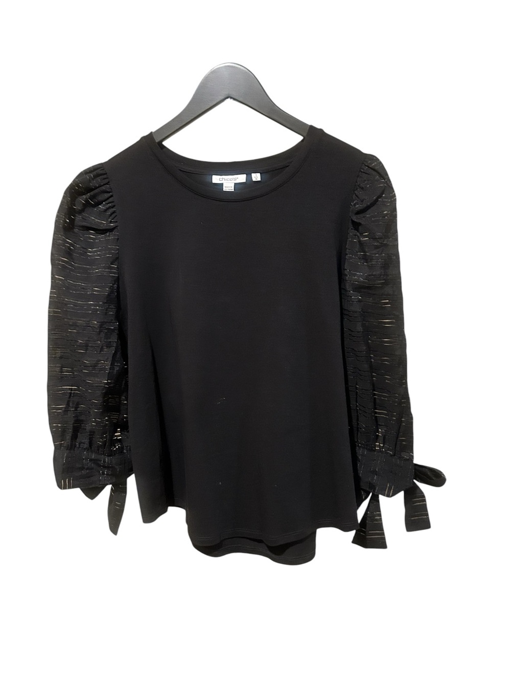 Chico's Black Long-Sleeve Top with Metallic-Thread Puff Sleeves and Tie Cuffs